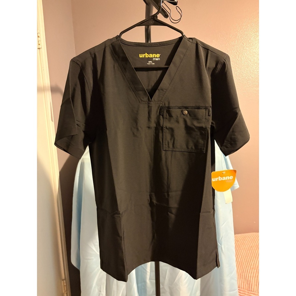Urbane Mens Black Scrub Shirt, V Neck, Pocket Sz S